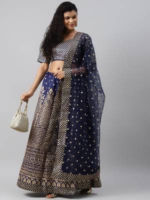 Engaging Navy Blue Zari &Glitter Sequins Embroidered Art Silk Semi Stitched Party Wear Lehenga 4