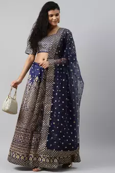 Engaging Navy Blue Zari &Glitter Sequins Embroidered Art Silk Semi Stitched Party Wear Lehenga