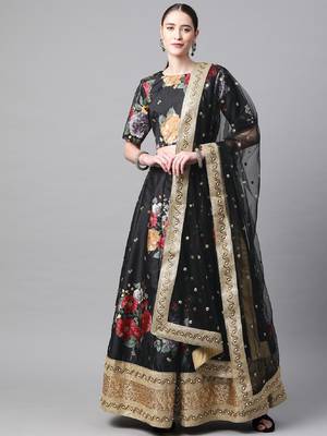 Black embroidered art silk semi stitched lehenga 1