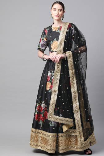 Black embroidered art silk semi stitched lehenga
