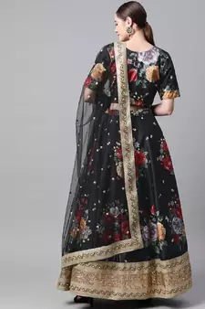 Black embroidered art silk semi stitched lehenga