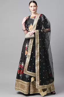 Black embroidered art silk semi stitched lehenga