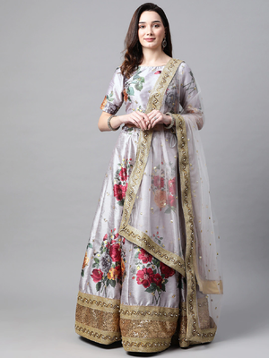 Grey embroidered art silk semi stitched lehenga 1