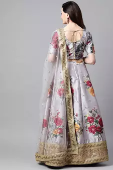 Grey embroidered art silk semi stitched lehenga
