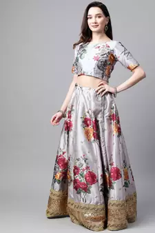 Grey embroidered art silk semi stitched lehenga