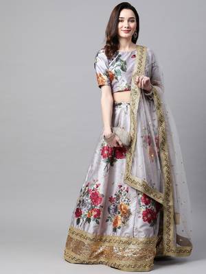Grey embroidered art silk semi stitched lehenga 4