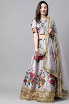 Grey embroidered art silk semi stitched lehenga