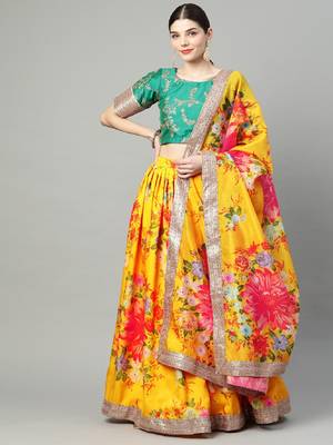 Yellow embroidered organza semi stitched lehenga 1