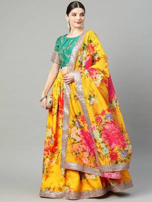 Yellow embroidered organza semi stitched lehenga 4