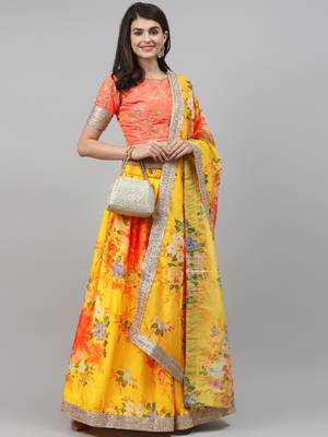 Yellow embroidered organza semi stitched lehenga 4