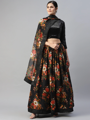 Black embroidered organza semi stitched lehenga 1