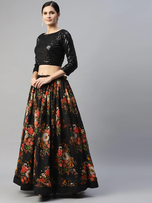 Black embroidered organza semi stitched lehenga 3