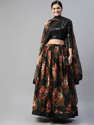 Black embroidered organza semi stitched lehenga 4