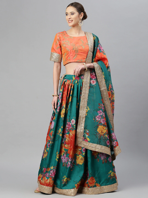 Dark-green embroidered organza semi stitched lehenga 1