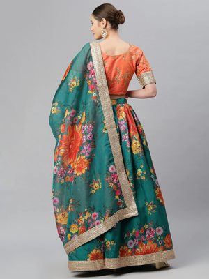 Dark-green embroidered organza semi stitched lehenga 2