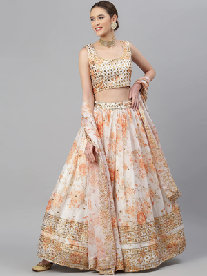 Stunning White Organza Zari And Sequins Work Floral Wedding Lehenga Choli For Women 1