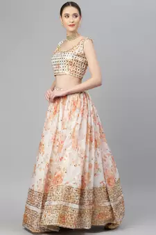 Stunning White Organza Zari And Sequins Work Floral Wedding Lehenga Choli For Women
