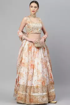 Stunning White Organza Zari And Sequins Work Floral Wedding Lehenga Choli For Women