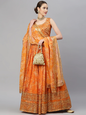 Orange Organza Golden Sequin Embroidered Lehenga Choli Set 1