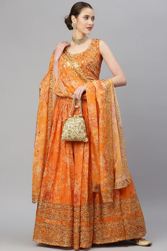 Orange Organza Golden Sequin Embroidered Lehenga Choli Set
