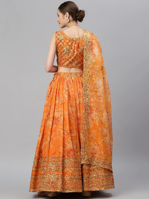 Orange Organza Golden Sequin Embroidered Lehenga Choli Set 2