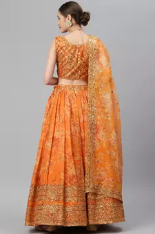Orange Organza Golden Sequin Embroidered Lehenga Choli Set