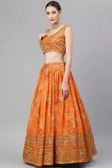 Orange Organza Golden Sequin Embroidered Lehenga Choli Set