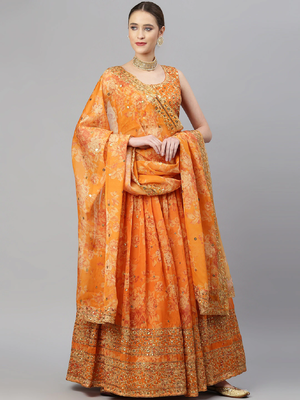 Orange Organza Golden Sequin Embroidered Lehenga Choli Set 4