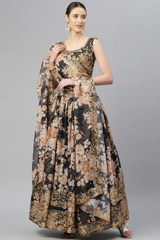 Fabulous Black Zari And Sequins Embroidered Organza Semi Stitched Roses Printed Floral Lehenga