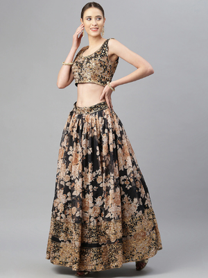 Fabulous Black Zari And Sequins Embroidered Organza Semi Stitched Roses Printed Floral Lehenga 3