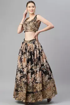 Fabulous Black Zari And Sequins Embroidered Organza Semi Stitched Roses Printed Floral Lehenga