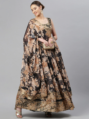 Fabulous Black Zari And Sequins Embroidered Organza Semi Stitched Roses Printed Floral Lehenga 4