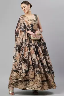 Fabulous Black Zari And Sequins Embroidered Organza Semi Stitched Roses Printed Floral Lehenga