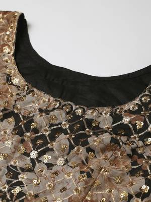 Fabulous Black Zari And Sequins Embroidered Organza Semi Stitched Roses Printed Floral Lehenga 5