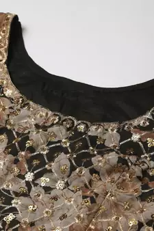 Fabulous Black Zari And Sequins Embroidered Organza Semi Stitched Roses Printed Floral Lehenga