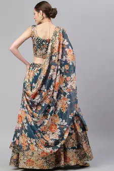 Sublime Dove Blue Zari And Sequins Embroidered Organza Semi Stitched Roses Printed Floral Lehenga