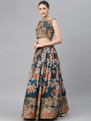Sublime Dove Blue Zari And Sequins Embroidered Organza Semi Stitched Roses Printed Floral Lehenga 3