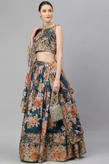 Sublime Dove Blue Zari And Sequins Embroidered Organza Semi Stitched Roses Printed Floral Lehenga