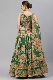Marvelous Green Zari And Sequins Embroidered Organza Semi Stitched Roses Printed Floral Lehenga