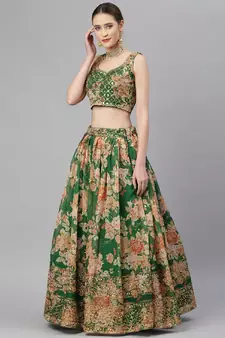Marvelous Green Zari And Sequins Embroidered Organza Semi Stitched Roses Printed Floral Lehenga
