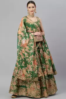 Marvelous Green Zari And Sequins Embroidered Organza Semi Stitched Roses Printed Floral Lehenga
