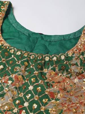 Marvelous Green Zari And Sequins Embroidered Organza Semi Stitched Roses Printed Floral Lehenga 5