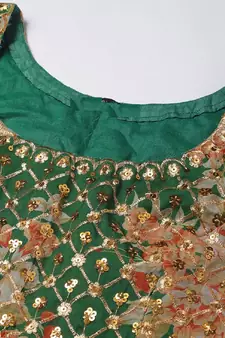 Marvelous Green Zari And Sequins Embroidered Organza Semi Stitched Roses Printed Floral Lehenga