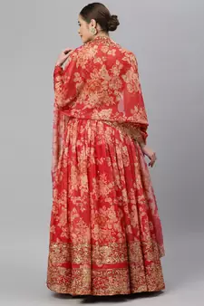Provocative Red Zari And Sequins Embroidered Organza Semi Stitched Roses Printed Floral Lehenga