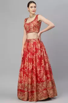 Provocative Red Zari And Sequins Embroidered Organza Semi Stitched Roses Printed Floral Lehenga