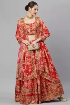 Provocative Red Zari And Sequins Embroidered Organza Semi Stitched Roses Printed Floral Lehenga