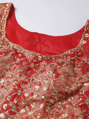 Provocative Red Zari And Sequins Embroidered Organza Semi Stitched Roses Printed Floral Lehenga 5