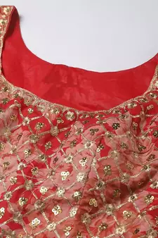 Provocative Red Zari And Sequins Embroidered Organza Semi Stitched Roses Printed Floral Lehenga