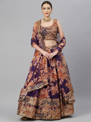 Gorgeous Purple Zari And Sequins Embroidered Organza Semi Stitched Roses Printed Floral Lehenga 1