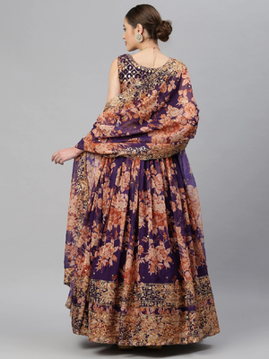 Gorgeous Purple Zari And Sequins Embroidered Organza Semi Stitched Roses Printed Floral Lehenga 2